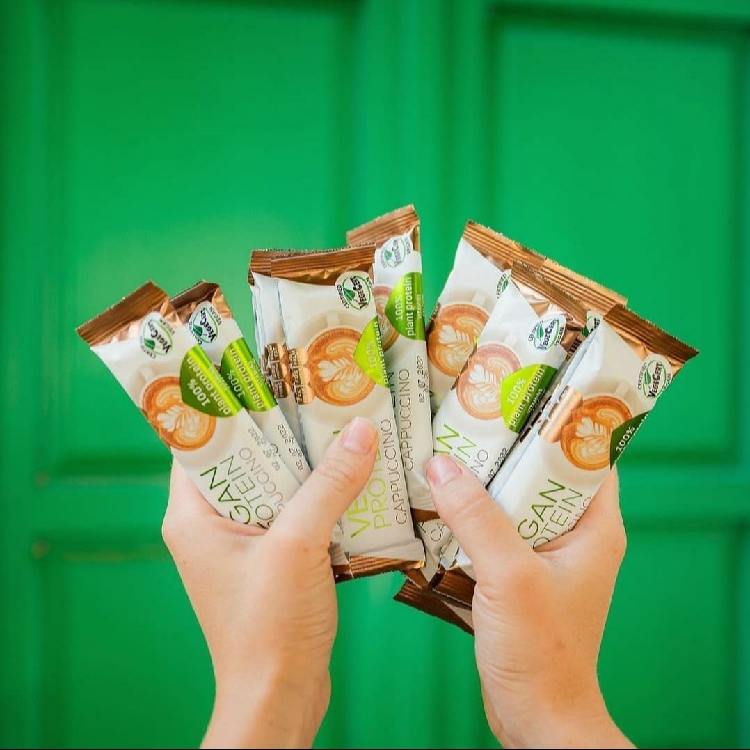 Certified vegan protein sticks showing the VegeCert seal on the packaging
